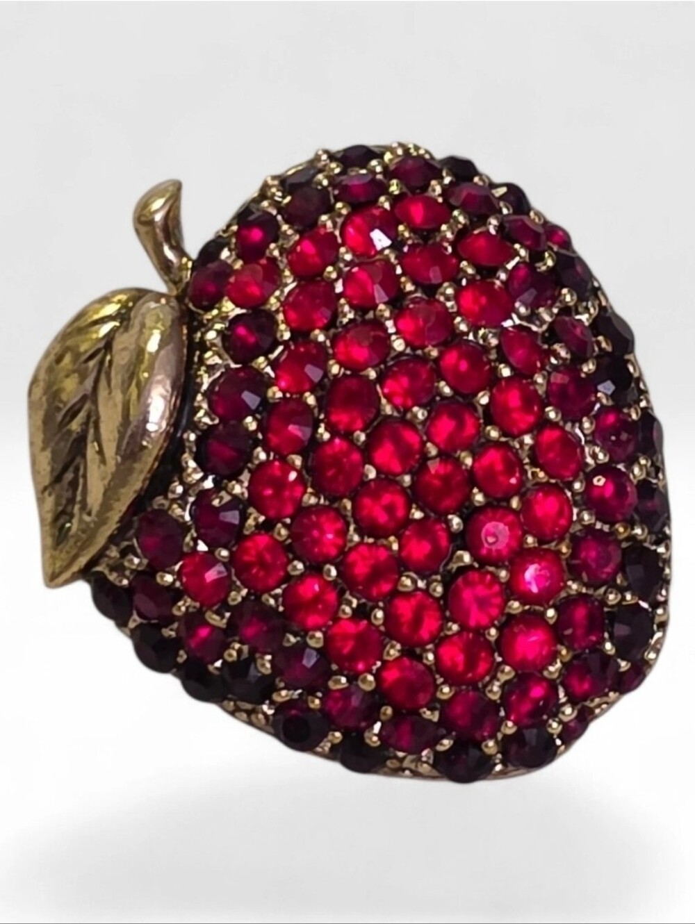 Vintage Signed Monet Red Rhinestone Pave Small Fruit Apple Brooch Gold Tone
